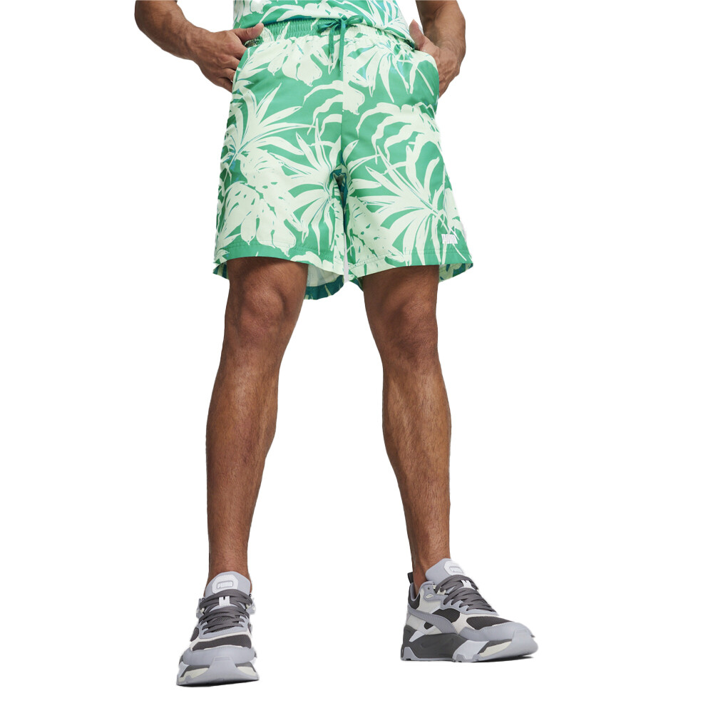 Puma Essential Palm Resort Графические тканые шорты длиной 8 дюймов Мужские зеленые Повседневные спортивные шорты