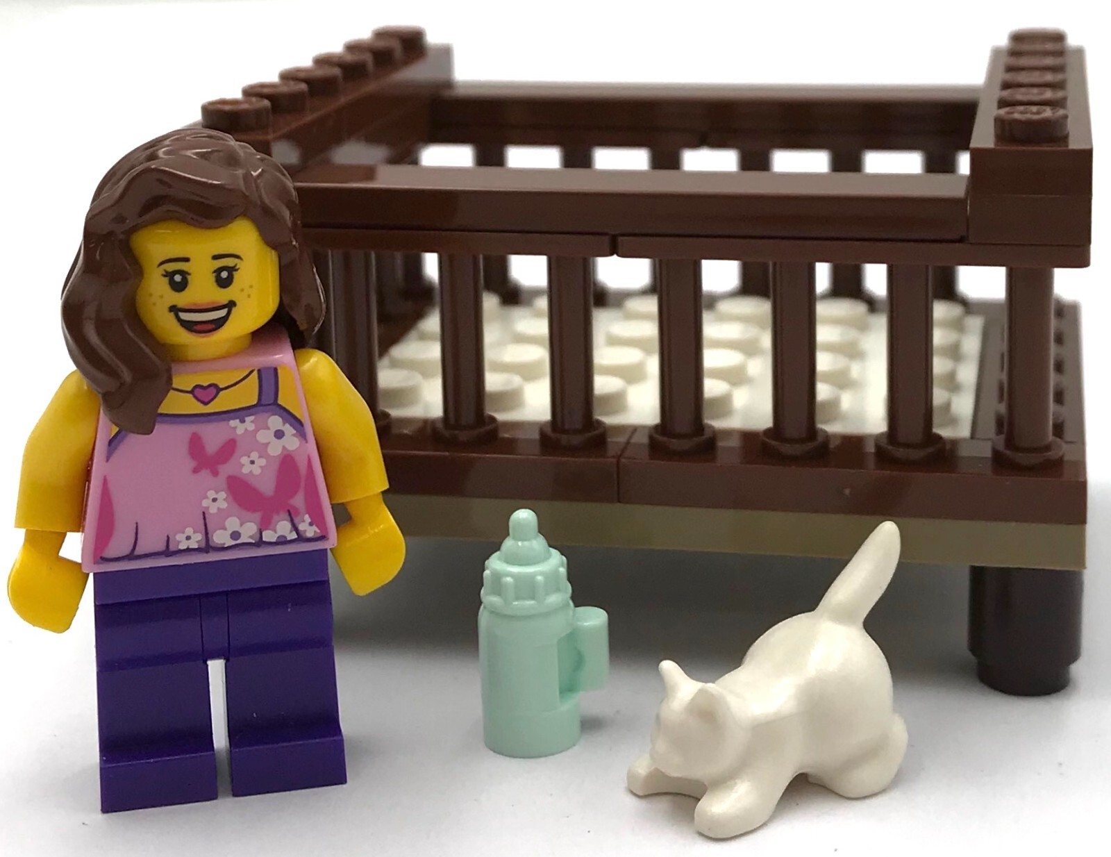 Lego New Reddish Brown Baby Crib with Mother and Cat