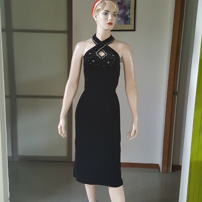1950s Vintage Velvet Cross Neck Halter Wiggle Dress With Beaded Detail 25W  | eBay