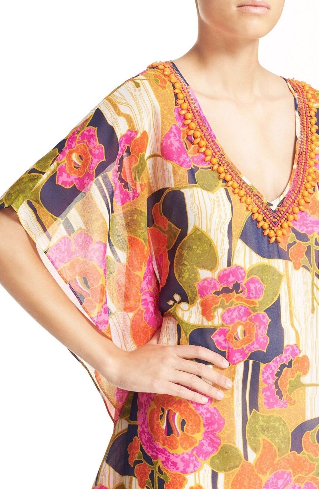 Trina Turk Kiernan Embellished Floral Print Silk Caftan (kaftan) size