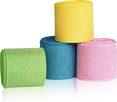 4 Rolls Easter Ribbon Wired, Burlap Pastel Easter Ribbon for Wreath Decor, Pink,