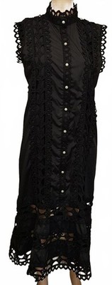 Xing Chen Ka Black Sleeveless Lace Detail Midi Womens Dress Pearl Buttons Size S