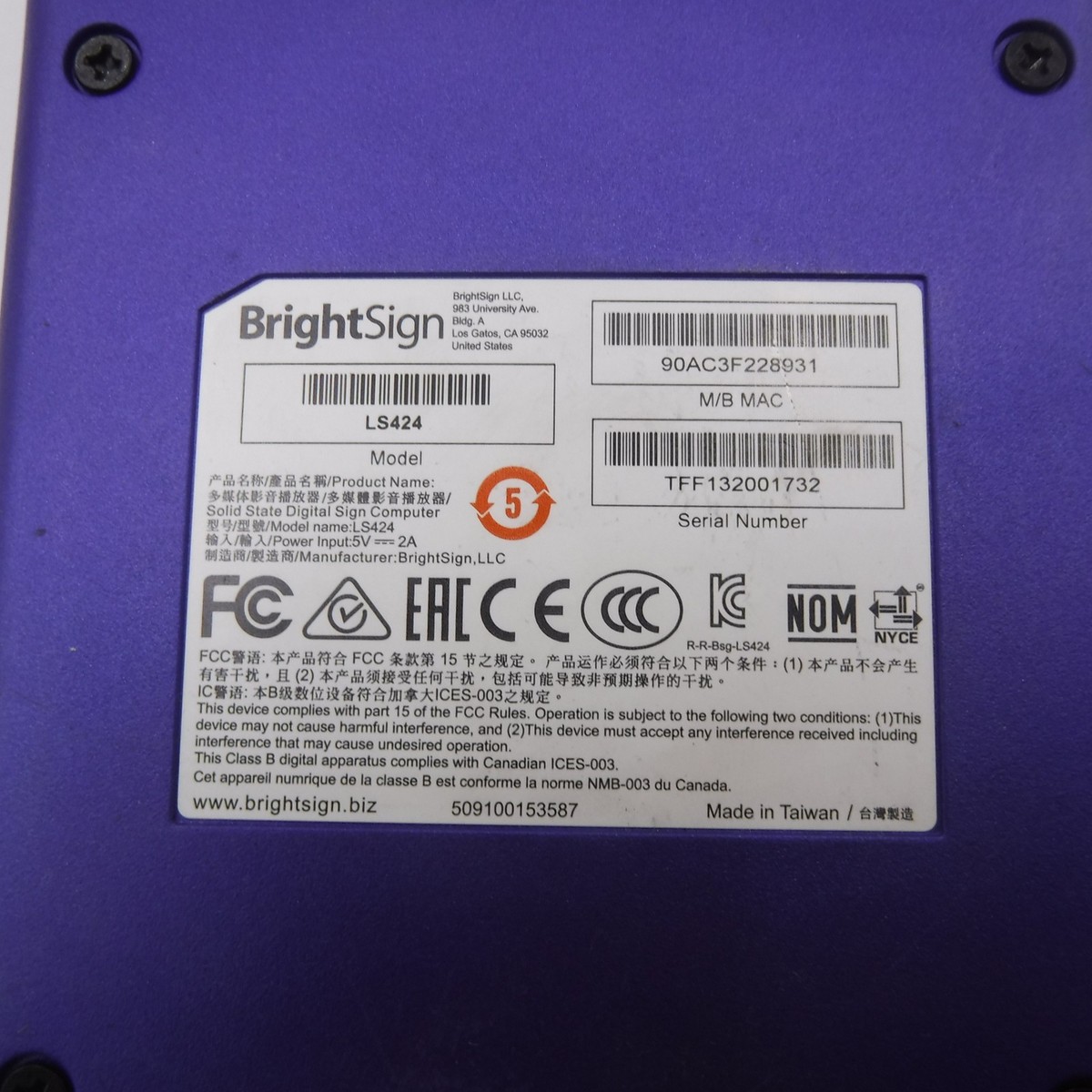 Brightsign LS424 HTML5 Standard I/O Digital Signage Player W/USB