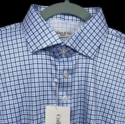 Collars & Co Polo Shirt Mens Large Blue Tattersall Dress Collar Golf Office NWT