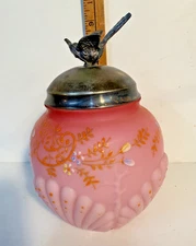 Vintage Victorian Pink Satin Glass Biscuit Jar Bird Finial Lid Enameled Floral