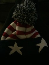 American Flag Stars Knit Beanie Winter Hat with Pom Patriotic USA Red White Blue
