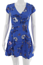 Mink Pink Women Fit & Flare Mini Dress Blue V-Neck Short Sleeve Size XS