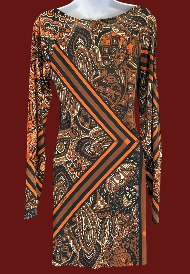 Mini Vestido Retro Vintage Y2K Baby Phat Estampado Paisley Cuello en V Manga Larga Acanalado Foto 3 de 4