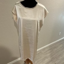 Melissa Nepton Ivory Satin Viscose Fringe Round Neck Cap Sleeve Midi Shift M