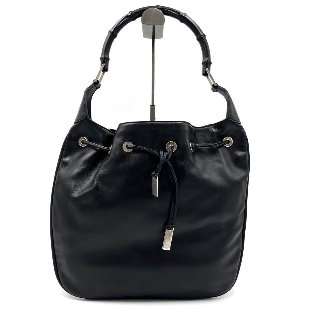 GUCCI Bamboo Logo Leather One Shoulder Drawstring Bag