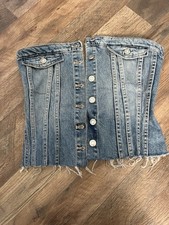 Zara Women's Corset Style Denim Ribbed Button Up Jean Top Size L