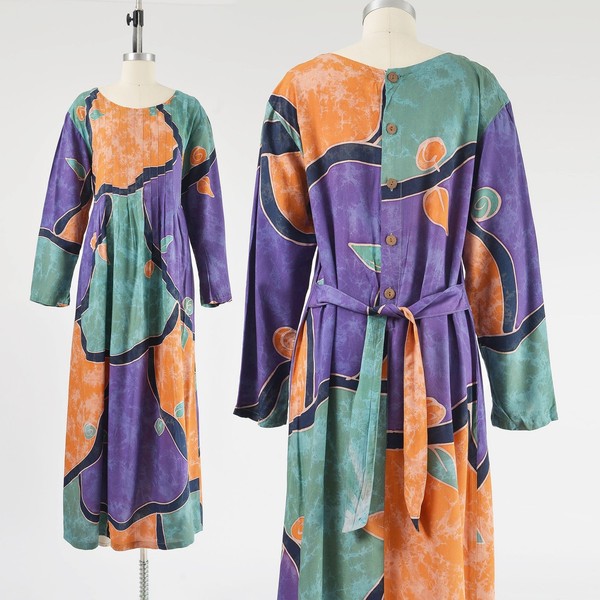 Maxi Vestido Vintage Años 90 Abstracto Estampado Batik Boho Rayón Mercado Verde Púrpura M
