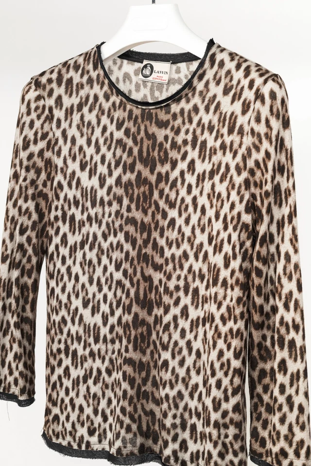 Lanvin Grey Leopard-Print Silk-Trim 3/4-Sleeve T-Shirt, Size US S - Image 3 of 4