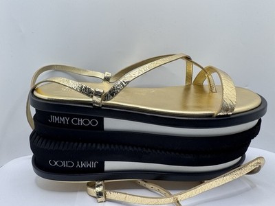 Jimmy Choo Gold Strappy Flat Sandals Ankle Strap Buckle Faux Leather 8 