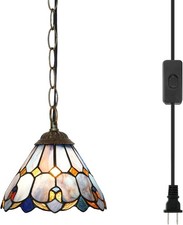 Tiffany Pendant Hanging Light Plug in Light Fixture Vintage Purple Stained Glas