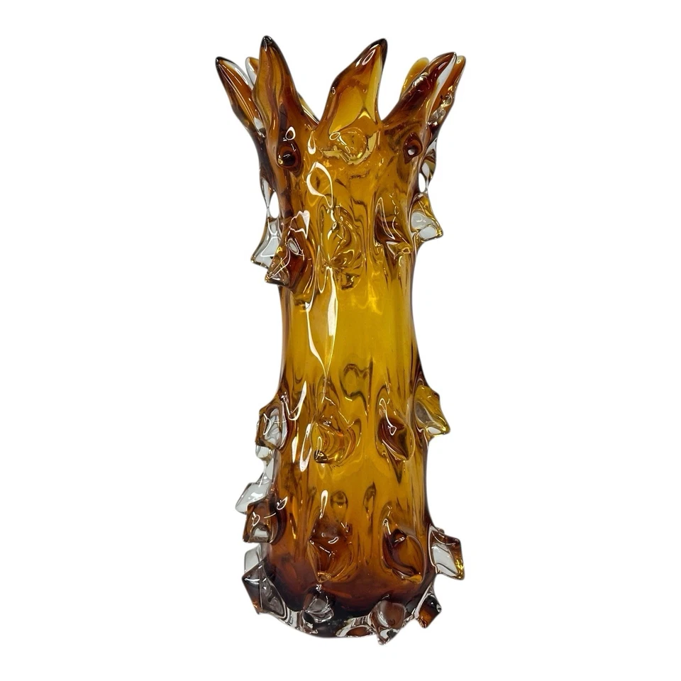Янтарная бруталистская колючая художественная стеклянная ваза ретро середина века современный стиль высота 12 дюймов - Изображение 3 из 4