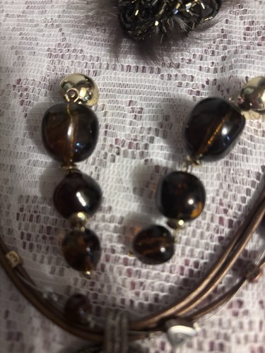 Chico Brown Rope Silver Bead Gold Necklace, Pin & Glass Eggplant Earrings 11” - Picture 2 of 7