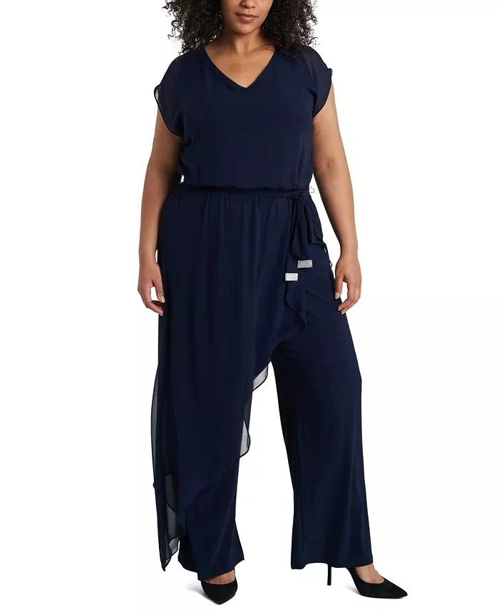 fejl lustre spild væk MSK Plus Size Overlay Jumpsuit With Belt, Navy, Dark Blue, Size 2X MSRP $99  | eBay