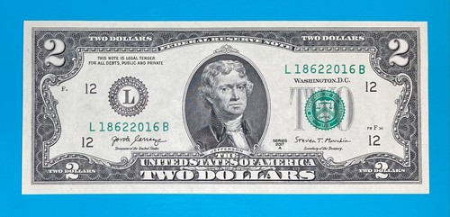 L 1862 2016 B : TRAILING YEAR 2016 $2 Two Dollar Bill Serial Number *UNC* - Picture 2 of 3