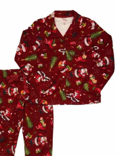 Womens Red Flannel Santa Claus Christmas Holiday Pajamas Sleep Set - 第 2/3 張圖片