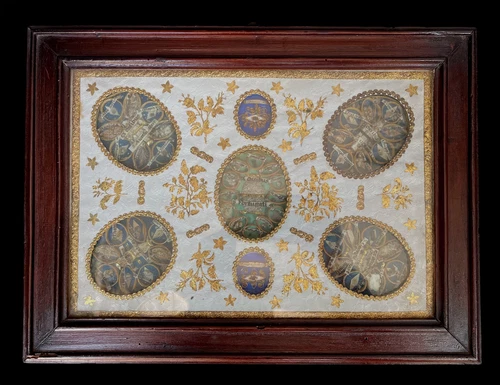 old reliquary 7 theca 51 relics S.GEORGI M.S.DONATI M..AURELII M.S.BARBA   19Th.