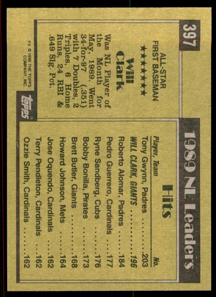 1990 Topps Will Clark Baseball Cards #397 - Image 2 of 2