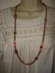 Authentic Vtg YSL Gold Plated Multicolor Crystal Glass Station Cuban Chain Necklace 34" L