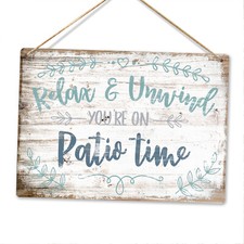 Metal Wall Sign -Relax & Unwind -Painted Wood Effect Metal Sign Patio Time Gift