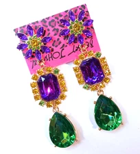 Sparkle JEWELS Purple FLOWER Green Rhinestone Betsey Johnson Dangle Earrings