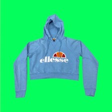 ELLESSE Designer Crop Top Hoodie, Drawstring Hood, Blue, UK 12