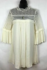 She + Sky S Top Boutique Tunic Lace High Victorian Neck Bell Sleeve Ivory Silk