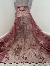 Burgundy Pink Multi Sequins Embroidery Lace Fabric 50” Width 1 Yard