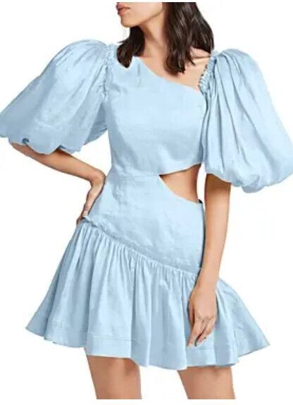 Aje Dress Womens 8 AU 4 US Sky Blue Linen Blend Puff Sleeve Chateau Cutout Mini