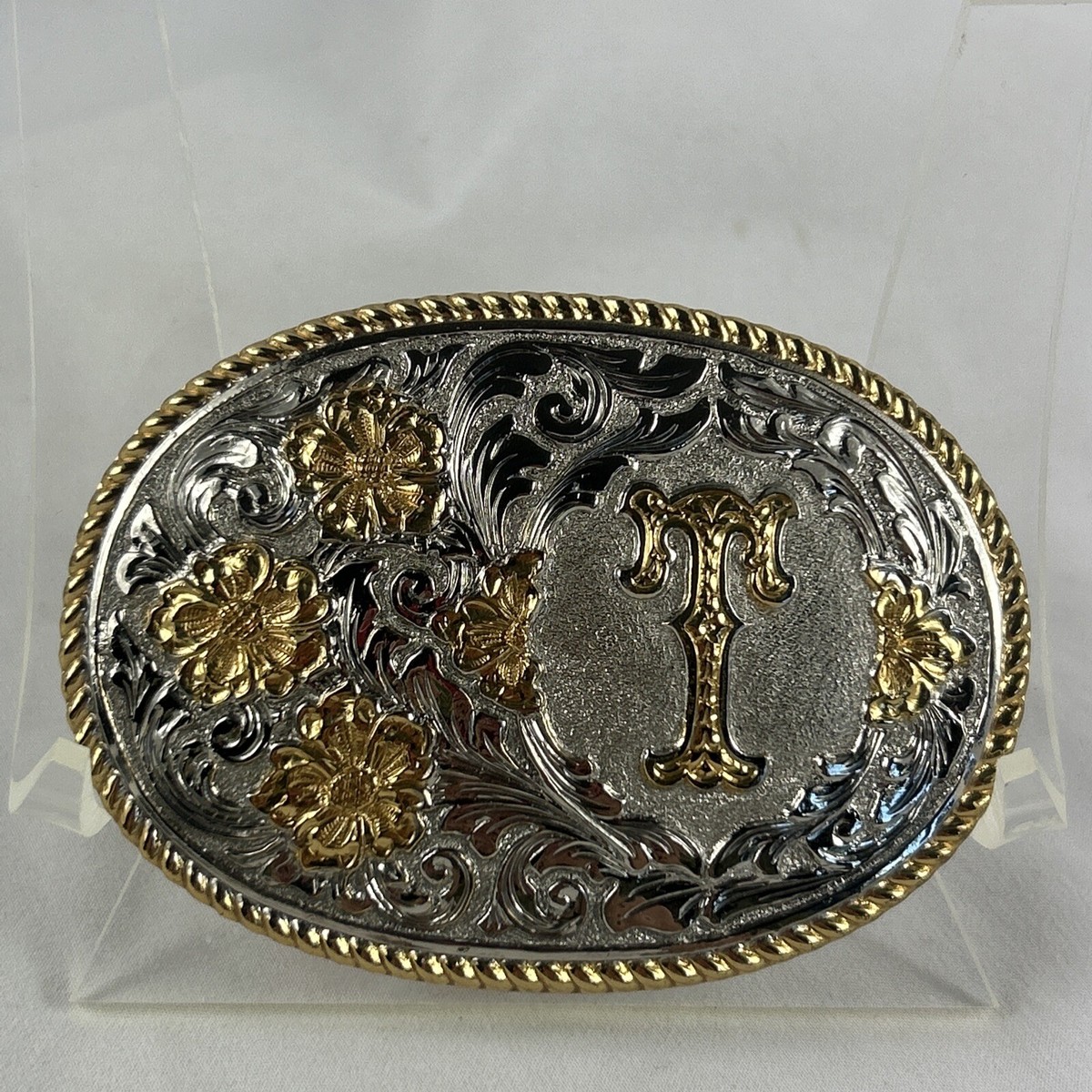Crumrine Belt Buckle Monogram Initial T Silver Gold Floral