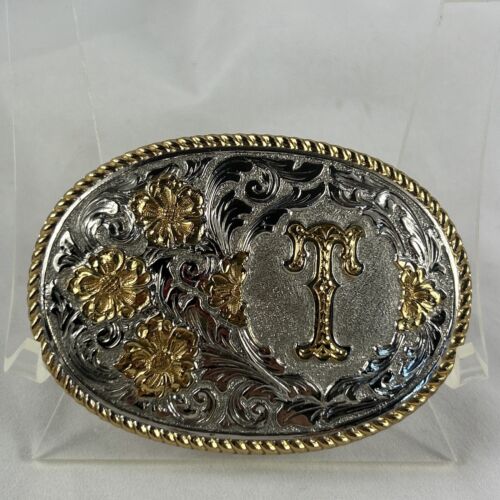 Crumrine Belt Buckle Monogram Initial T Silver Gold Floral Rope El Arturo Bronze - Picture 1 of 5