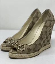 GUCCI DENIM ESPADRILLE BEIGE GG MONOGRAM CANVAS PUMPS WEDGES SHOES SIZE 37/7 WOM