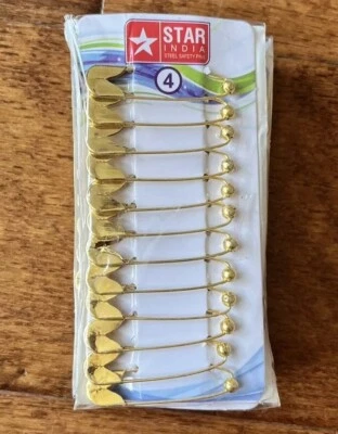 NATIONAL Large Saree Safety Pins Golden Colour Non Catch Ball Design Navratri 4.5cm 12pc