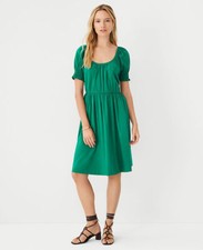 NWT~ANN TAYLOR~Green SMOCKED Cuff SHIRRED Flare DRESS~XS~NEW!