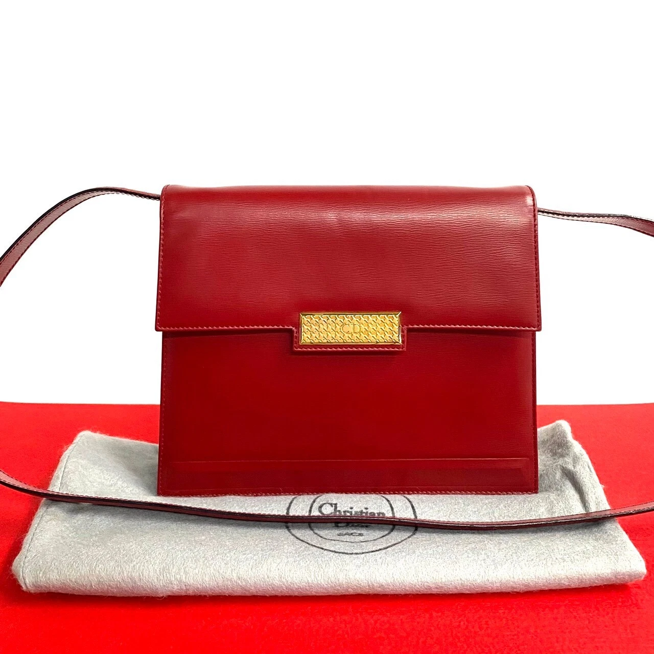 Sac bandoulière Christian Dior CD logo pied de poule métal cuir rouge 25719