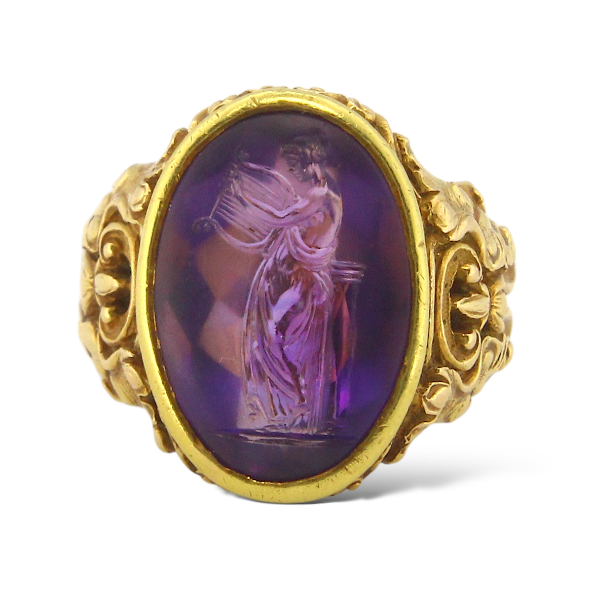 FW Lawrence Amethyst Intaglio Victorian Era Antique Ring 18K 