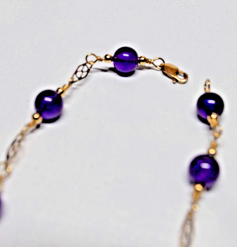 8" LARGE BEAD AMETHYST 1/20- ROLLED GOLD, SERPINTINE BRACELET, LOBSTER CLAW - Picture 5 of 5