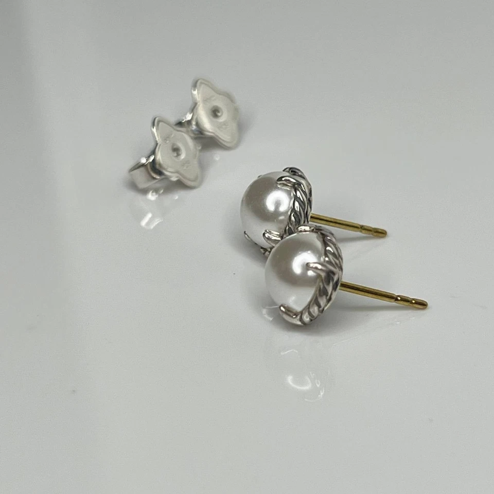 Auténticos pendientes chatelaine de perlas David Yurman tachuelas de plata de ley Foto 4 de 4