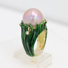 Large Pink Pearl Gold Ring Solid 18k Diamonds and Green Enamel — photo 2