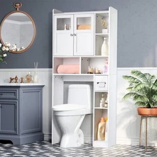 Over the Toilet Bathroom Storage Cabinet w/Doors 3 Storage Shelves& Side Storage