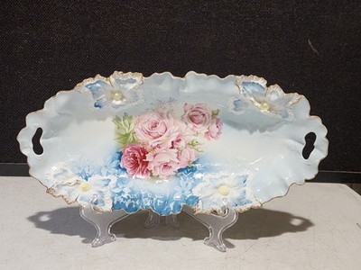R S Prussia 13'' Celery Serving Dish - Pink Roses Blue Yellow Molded Flower Shape