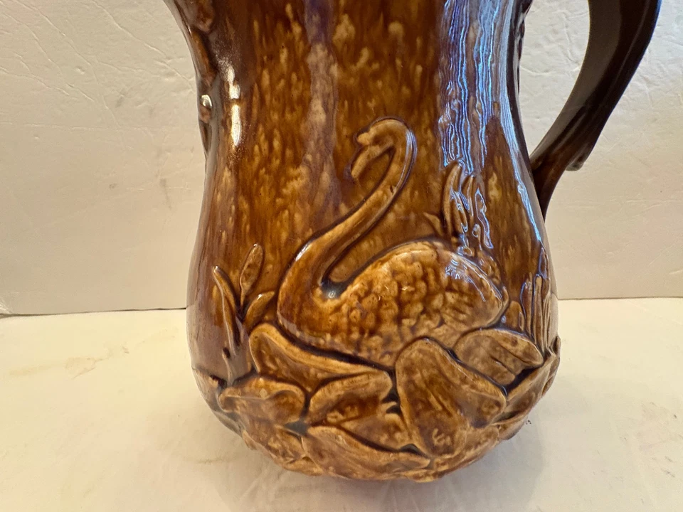 Bennington Rockingham Yellow Wear Ale Pitcher Swan 9" TALL,, Brown Glaze - Image 4 of 4
