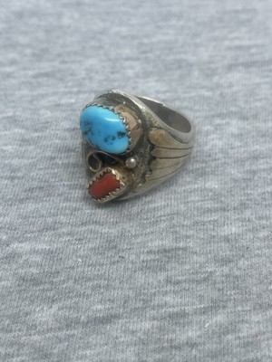 Vintage Navajo Turqoise Coral Sterling 1/20 12K Gold Plated? Filled? 8.75 Ring