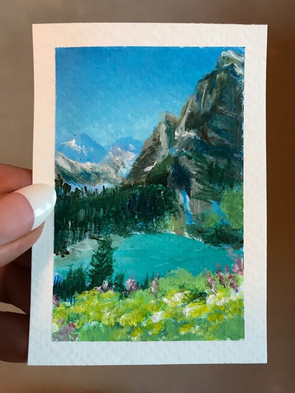 ACEO Original Acrylic Landscape Painting OOAK Nature Mountains Lake Wildflowers