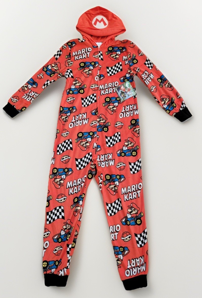 Mario Kart Boys union suit pajamas XS 4/5 Red Racing cuff zipper fleece