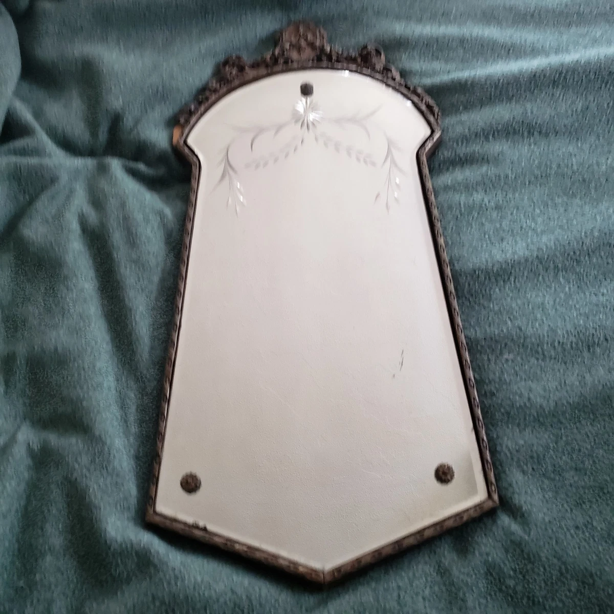 Antique Vintage Etched Beveled Mirror Wood Gesso Ornate Frame Victorian 27x12”